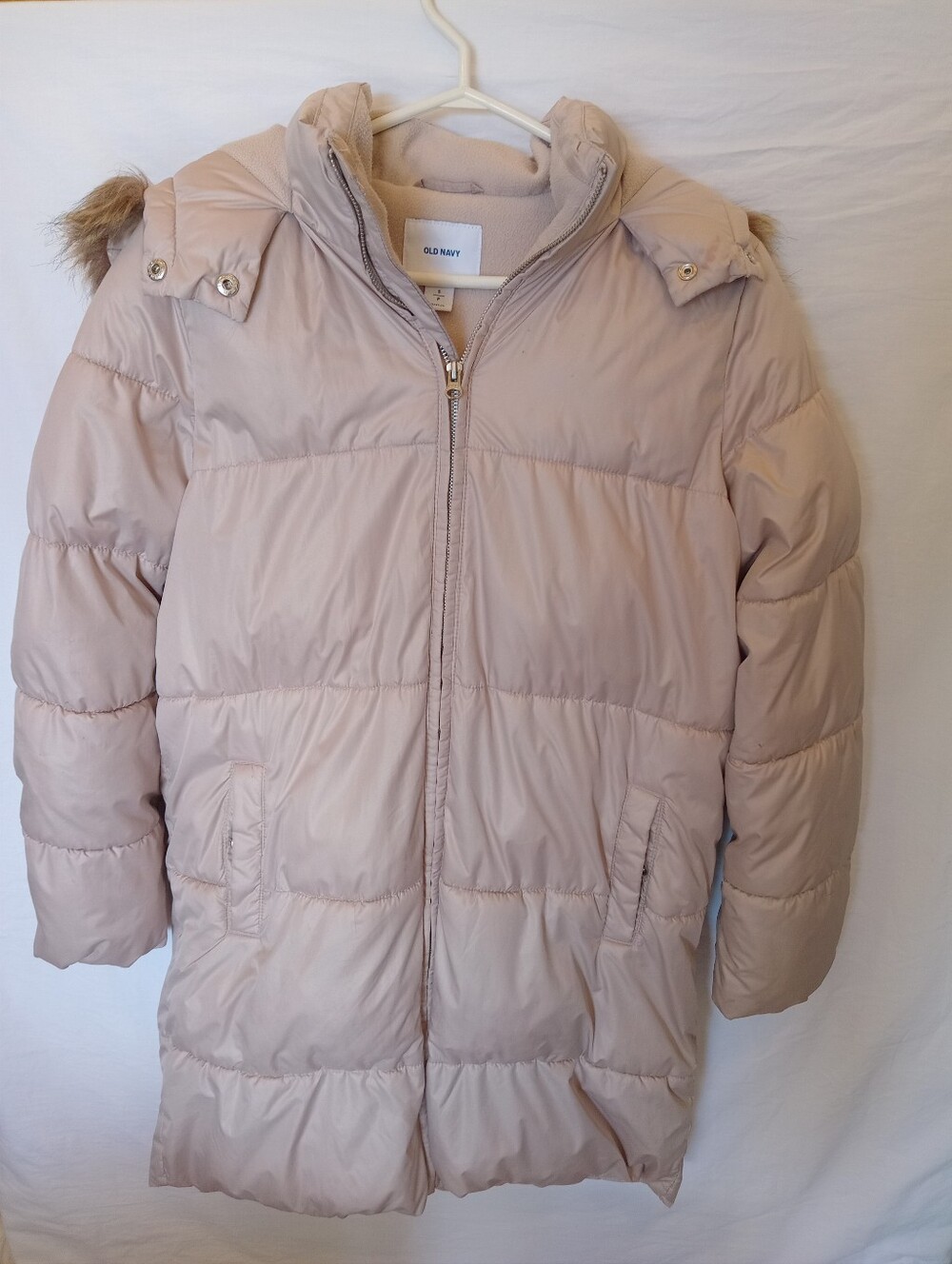 Old Navy Frost-Free Long Hooded Puffer Jacket Champagne Blush Tan Small